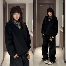 重磅假两件连帽衬衫领卫衣男款秋冬加绒套头上衣美式高街痞帅外套