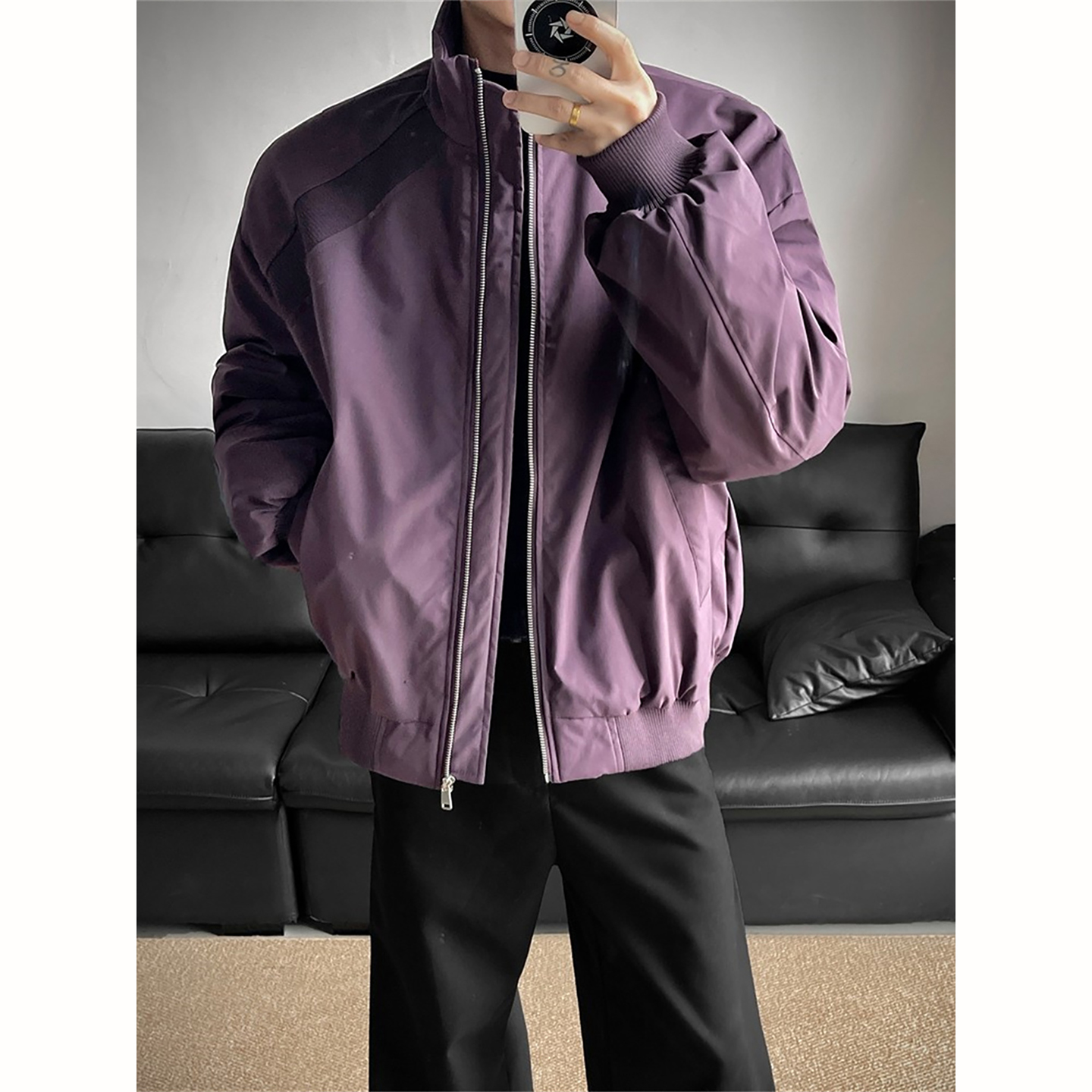 美式正肩棉衣夹克男斜切拼接棉服