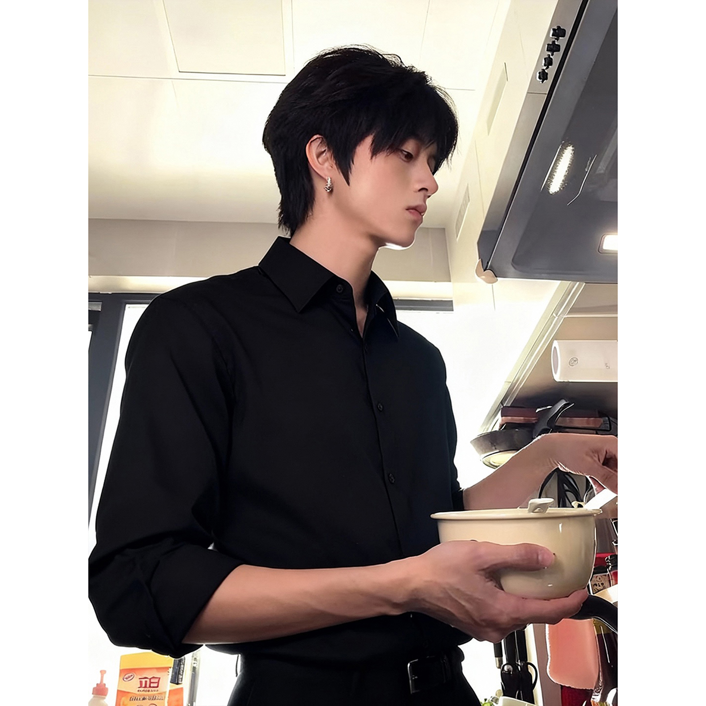 英伦风黑色加绒长袖衬衫男秋冬季