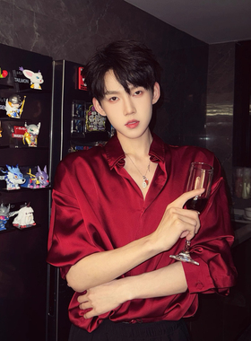 酒红色禁欲系冰丝衬衫薄款英伦雅痞男装长袖衬衣夏季dk制服薄外套