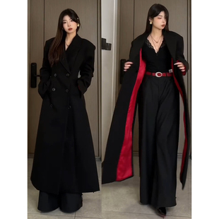 英伦风黑红内中长款毛呢大衣秋冬季过膝风衣外套男款垫肩教父西服