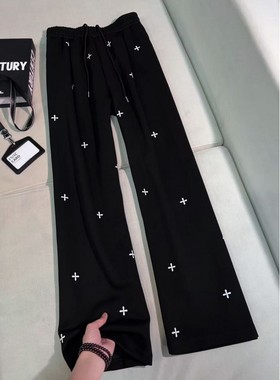 黑色十字印花弯刀卫裤男春季高级感垂感直筒长裤慵懒风运动休闲裤