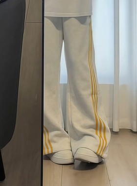 白灰色三条杠弯刀卫裤男款秋季撞色条纹阔腿裤cleanfit直筒休闲裤