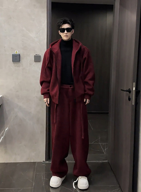 满天星红色系穿搭一整套高级感青少年帅气卫衣套装男生休闲裤子冬