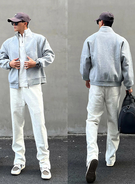 白灰色侧拉链微喇卫裤男款秋季cleanfit显瘦弯刀裤美式健身运动裤