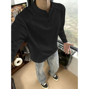 黑色亨利领加绒卫衣男秋冬美式重磅正肩polo衫高级感痞帅打底内搭