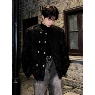 黑色垫肩小香风毛毛外套男款春秋高级感男模穿搭痞帅短款无领夹克