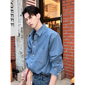复古水洗浅蓝色牛仔衬衫 外套 衬衣翻领工装 男春秋季 慵懒高级感长袖