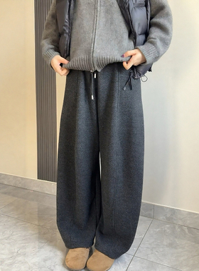 深灰色毛呢加绒卫裤男款秋冬高级感垂感弯刀裤宽松阔腿直筒休闲裤