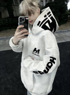 白灰色美式麒麟臂卫衣男冬季潮牌字母刺绣外套情侣重磅廓形连帽衫