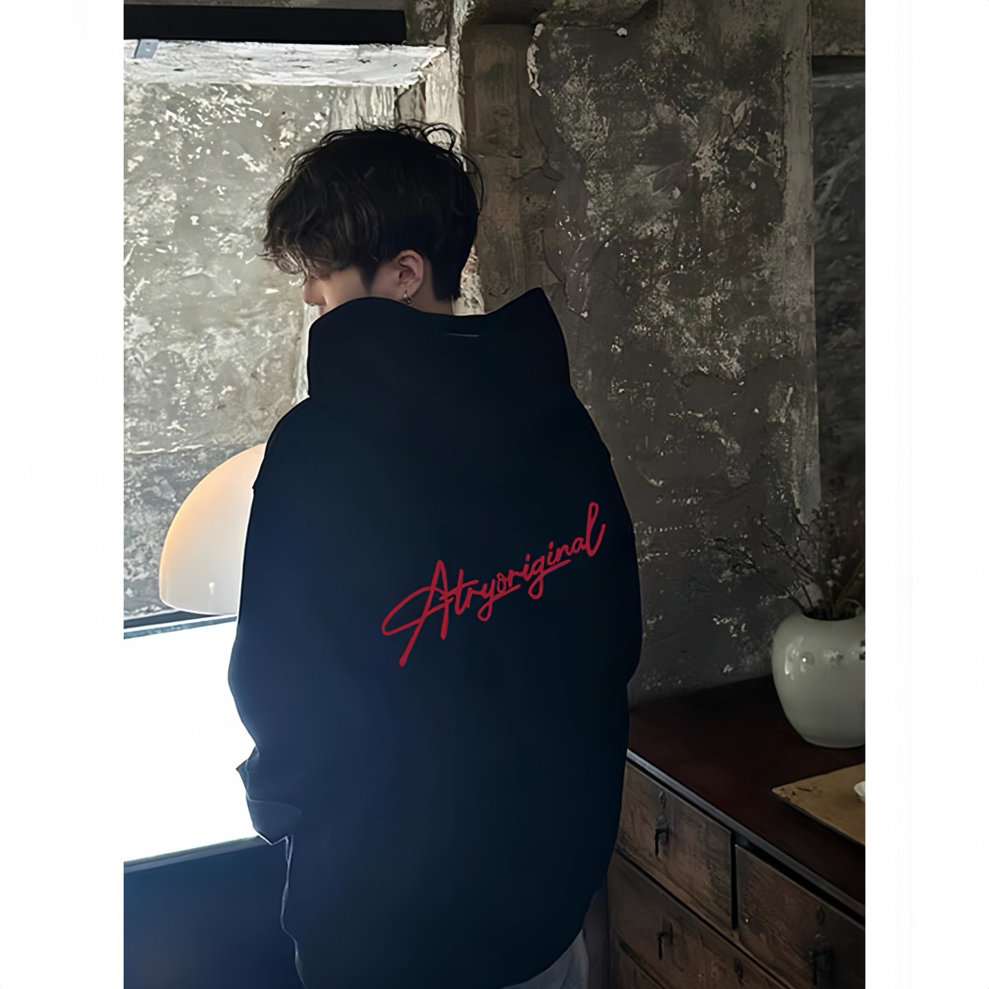 美式高街重磅黑色连帽卫衣男生