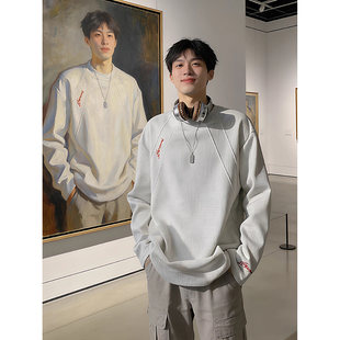 白花灰华夫格长袖t恤男秋冬美式刺绣圆领卫衣加绒加厚内搭打底衫