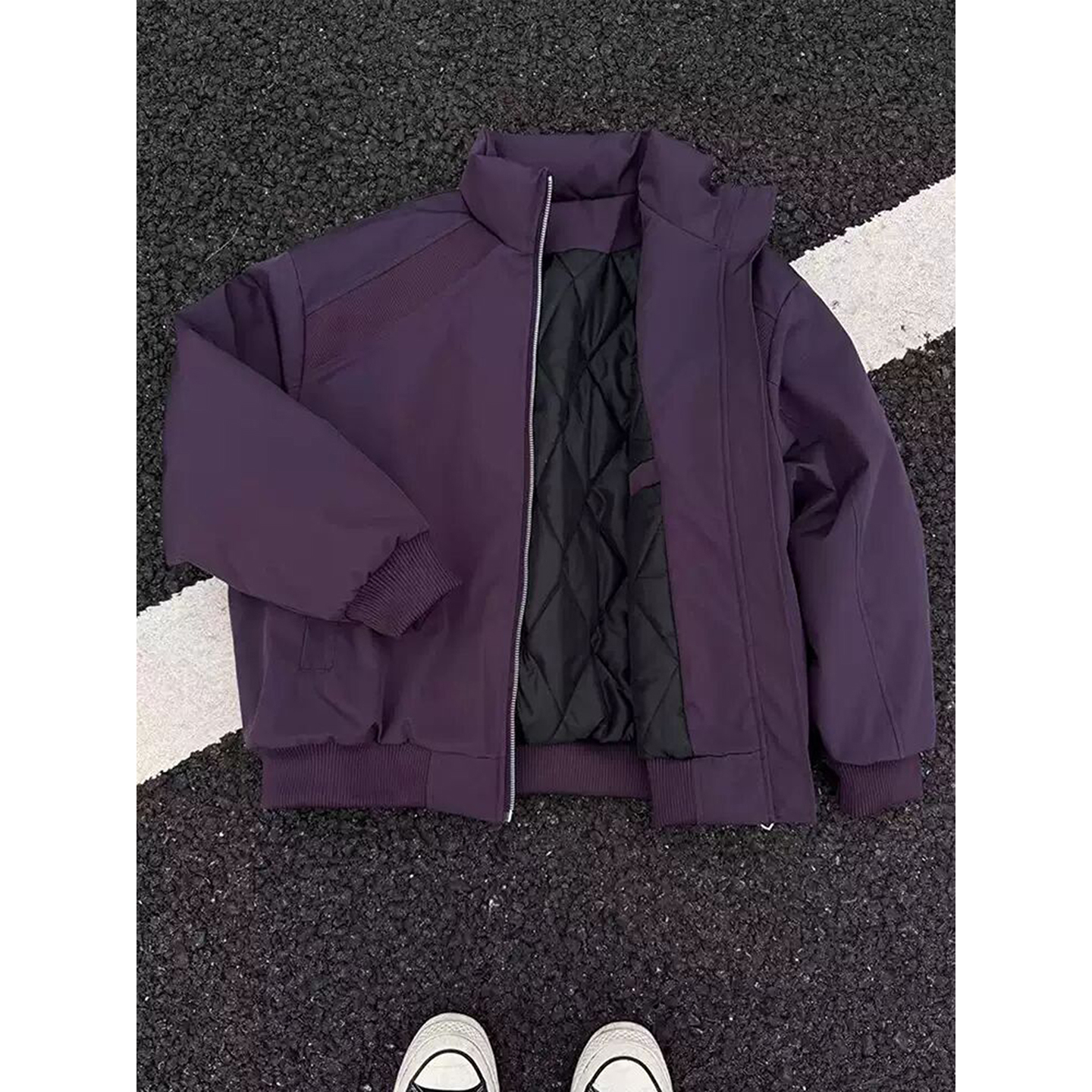 葡萄紫色短款飞行夹克棉服男美式