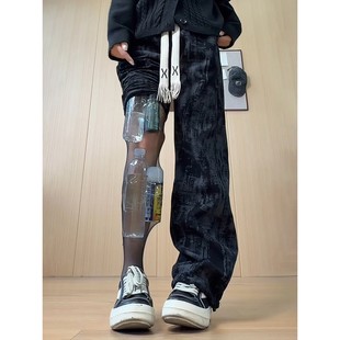 黑色扎染加绒卫裤男款秋冬美式抽绳灯芯绒裤子cleanfit运动休闲裤