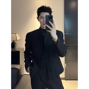 修身 男韩版 中山装 唐装 西服夹克 新中式 外套高级感短款 立领垫肩西装