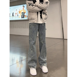 美式斜切解构牛仔裤男款春秋季伐木工装裤子潮牌窄版直筒微喇长裤
