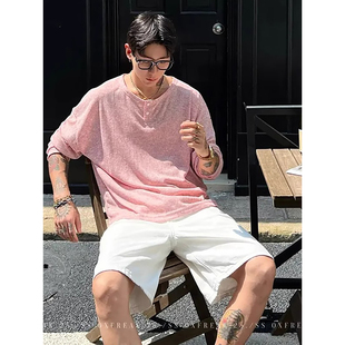 雪花棉扎染亨利领正肩t恤男夏季人夫感老钱风短袖高级感防晒上衣