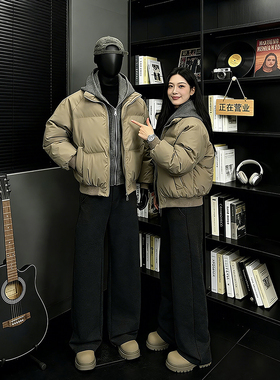 灰色美式pu皮假两件棉服男女冬季穿搭cleanfit外套短款连帽面包服