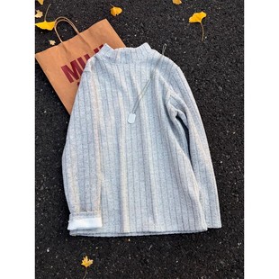 浅灰色条纹加绒卫衣男秋冬美式半高领长袖t恤cleanfit内搭打底衫