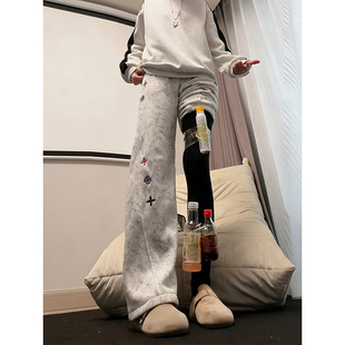 白花灰扎染刺绣弯刀卫裤男秋冬美式复古加绒裤子宽松显瘦休闲长裤