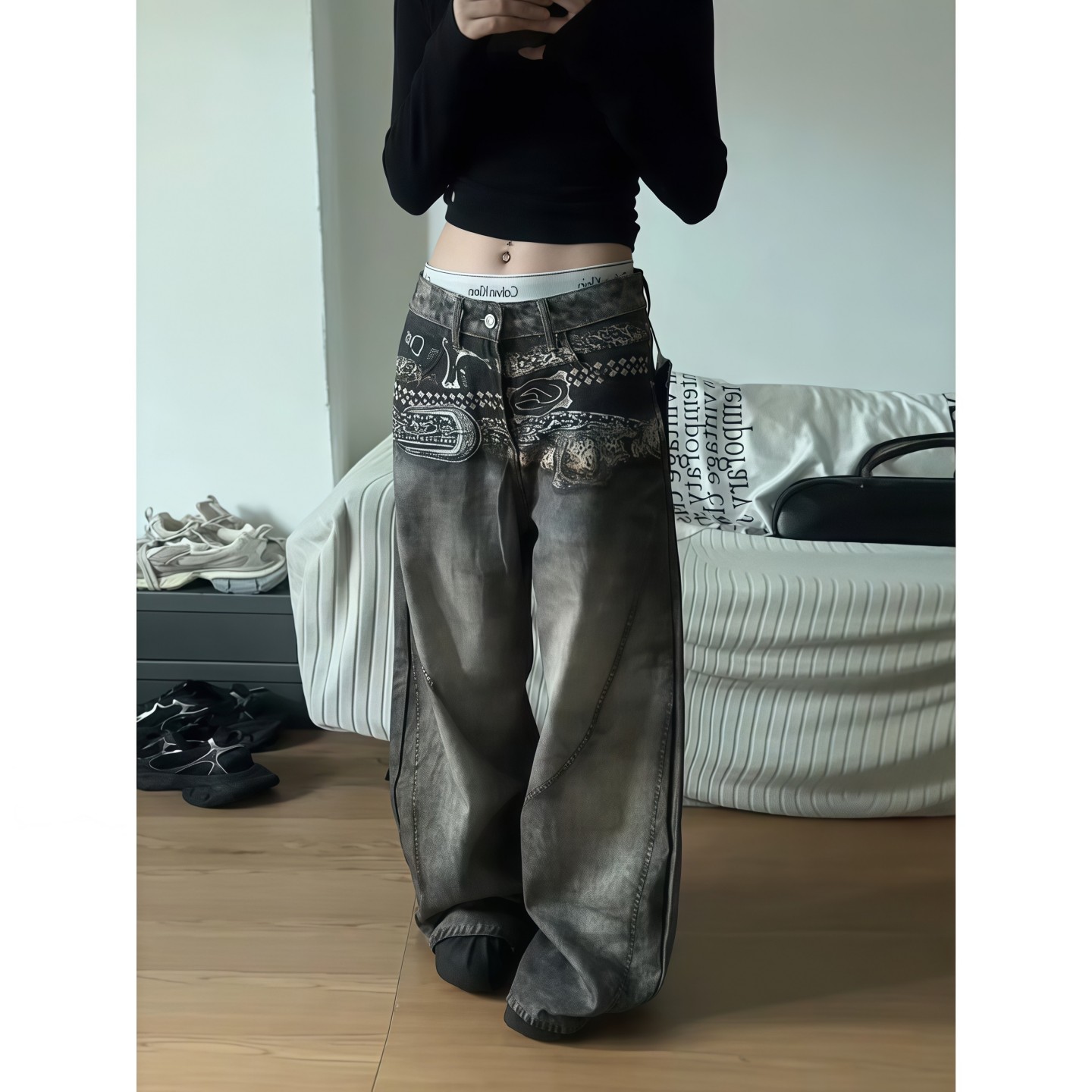 美式复古3D腰带印花牛仔裤男秋季