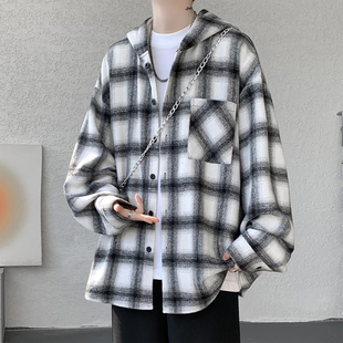 港式格子连帽衬衫男秋季新款时尚慵懒风酷帅外套宽松休闲情侣上衣