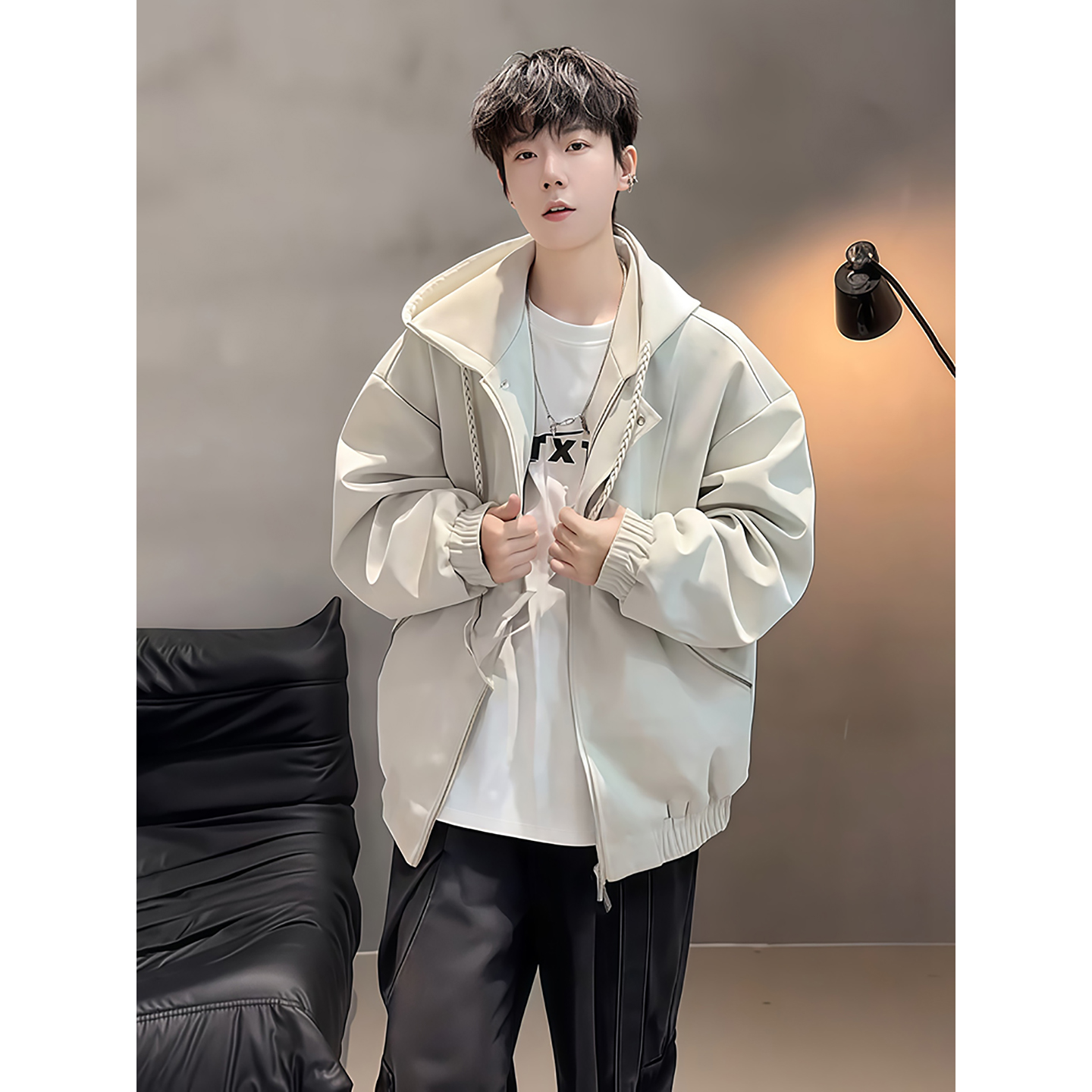 美式连帽pu皮衣夹克秋季廓形boxy