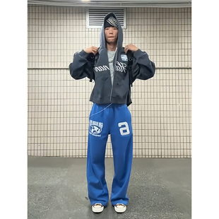子慵懒松弛感休闲长裤 蓝色字母印花健身卫裤 高街hiphop裤 美式 男款