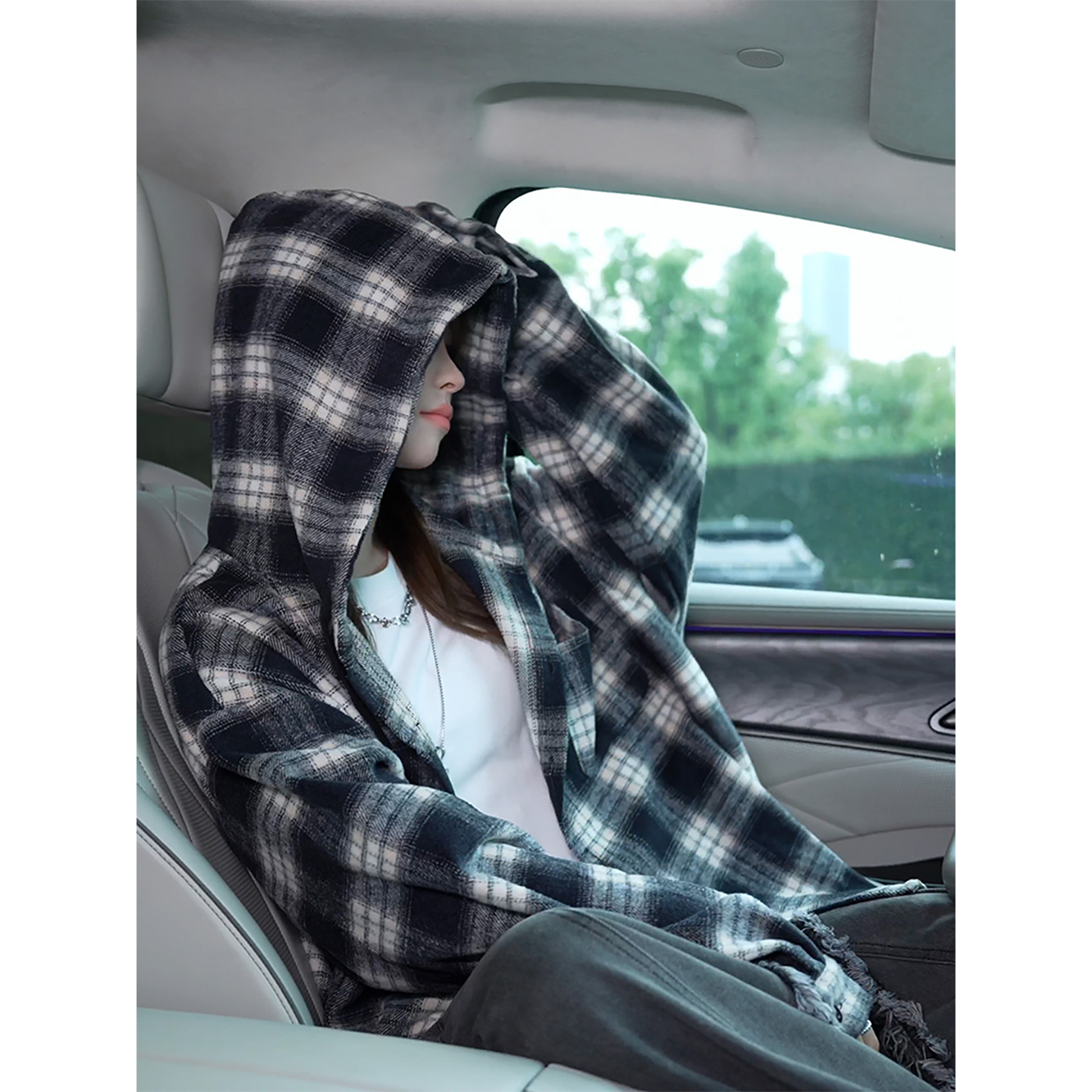 黑白格子松弛感连帽衬衫男秋季