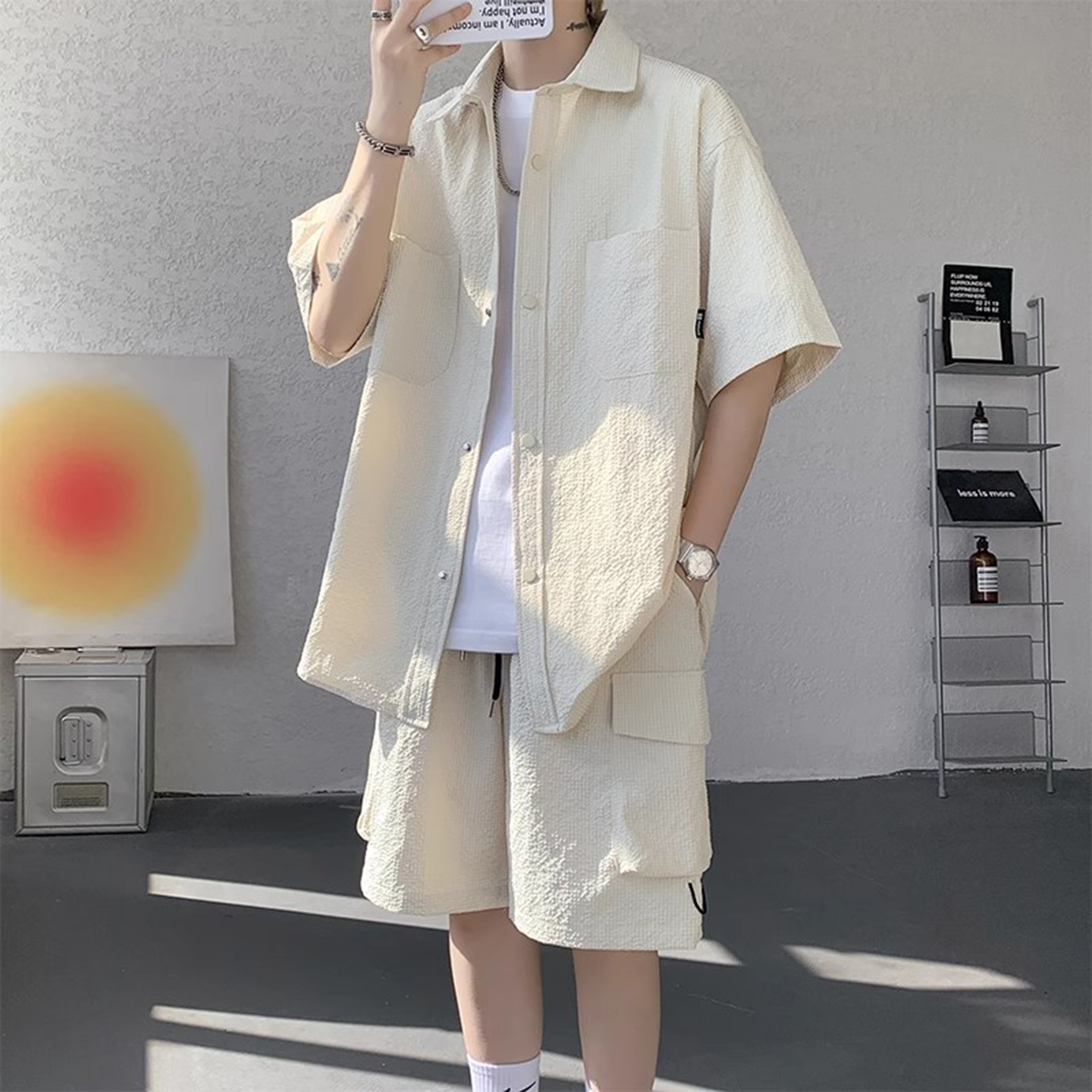 泡泡纱短袖衬衫工装短裤夏天男款冰丝套装薄款速干防晒一整套搭配