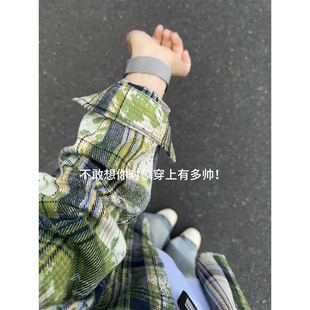 慵懒松弛感外套多巴胺情侣叠穿衬衣 美式 绿色泼墨扎染格子衬衫 男款