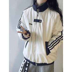 白花灰色三条杠羽绒棉服男冬季美式条纹立领外套学院风短款面包服