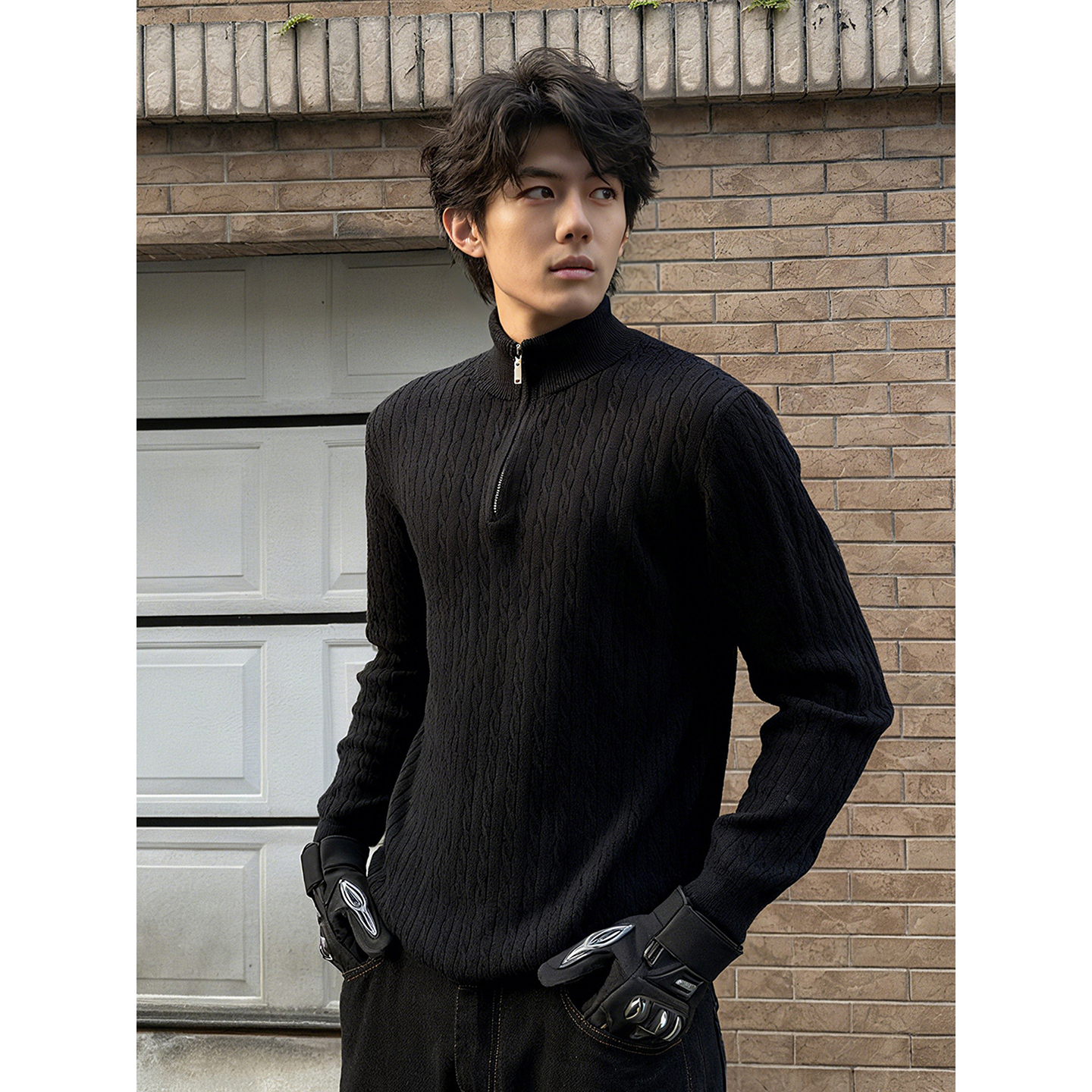 韩系绞花纹半拉链毛衣男秋冬慵懒