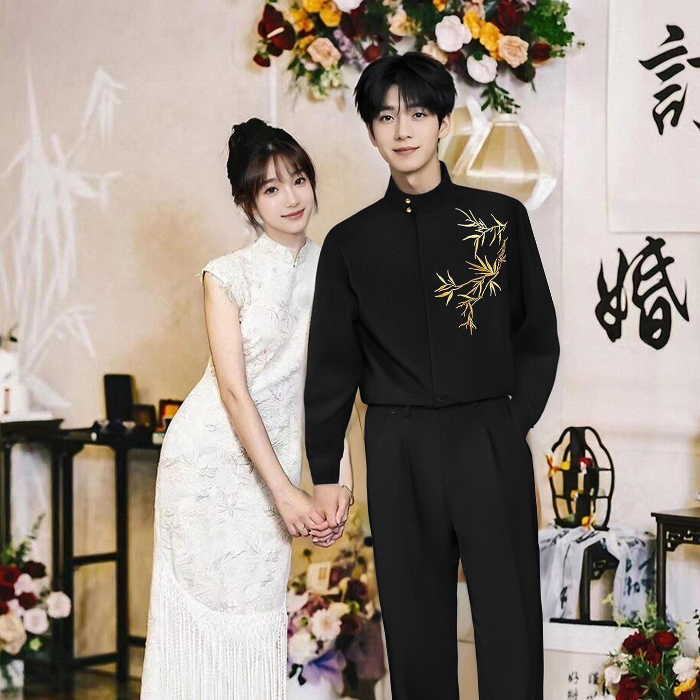 新中式男士订婚衣服黑色金竹刺绣