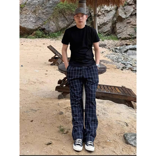 深蓝色vintage格子裤子夏季大码薄款长裤冰丝微喇何以至此休闲裤