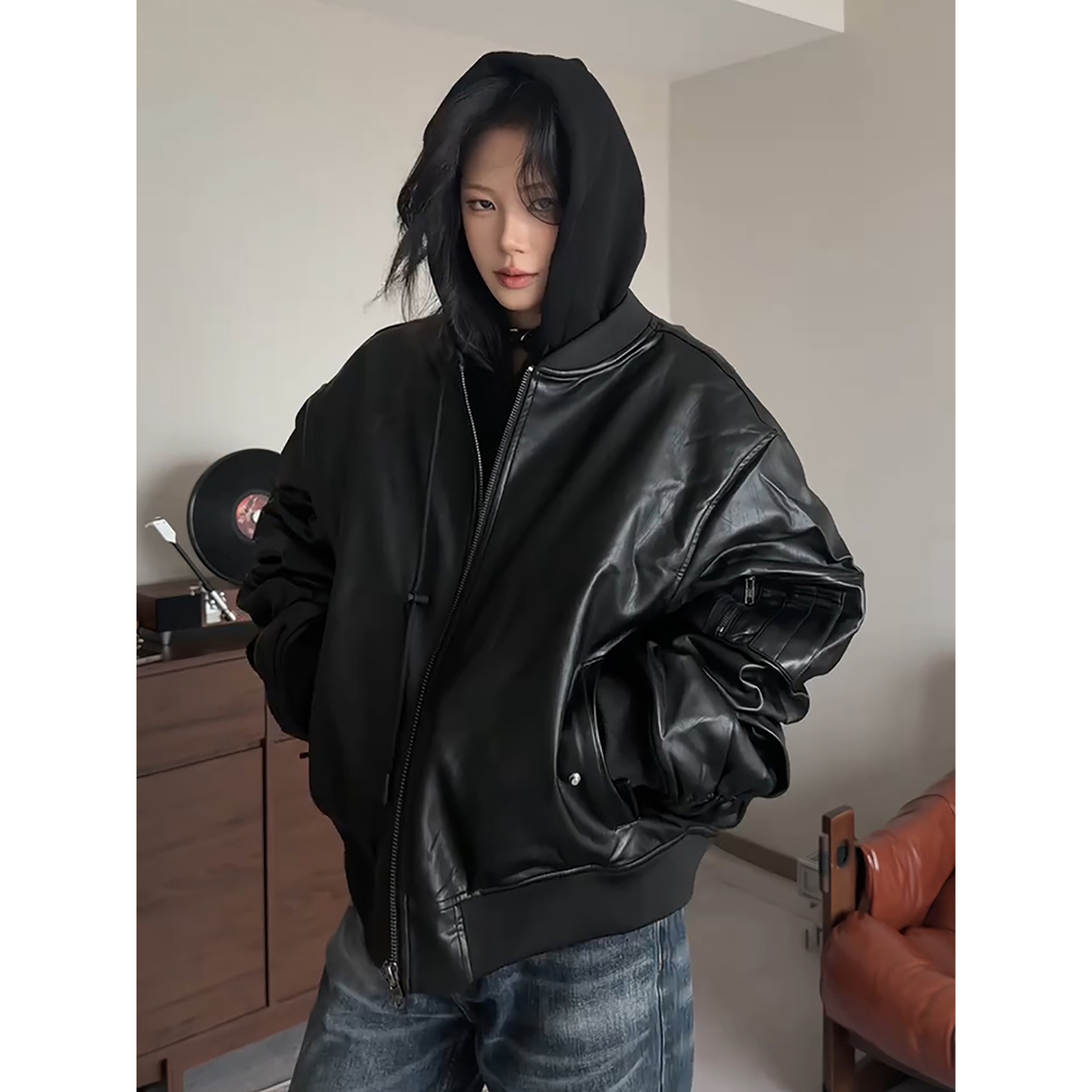 假两件pu皮衣夹克棉服男冬季加厚