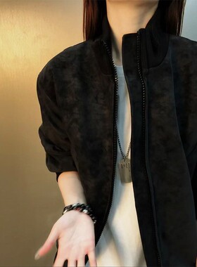 黑色扎染pu皮衣外套男款春季美式复古飞行员夹克高级感立领棒球服