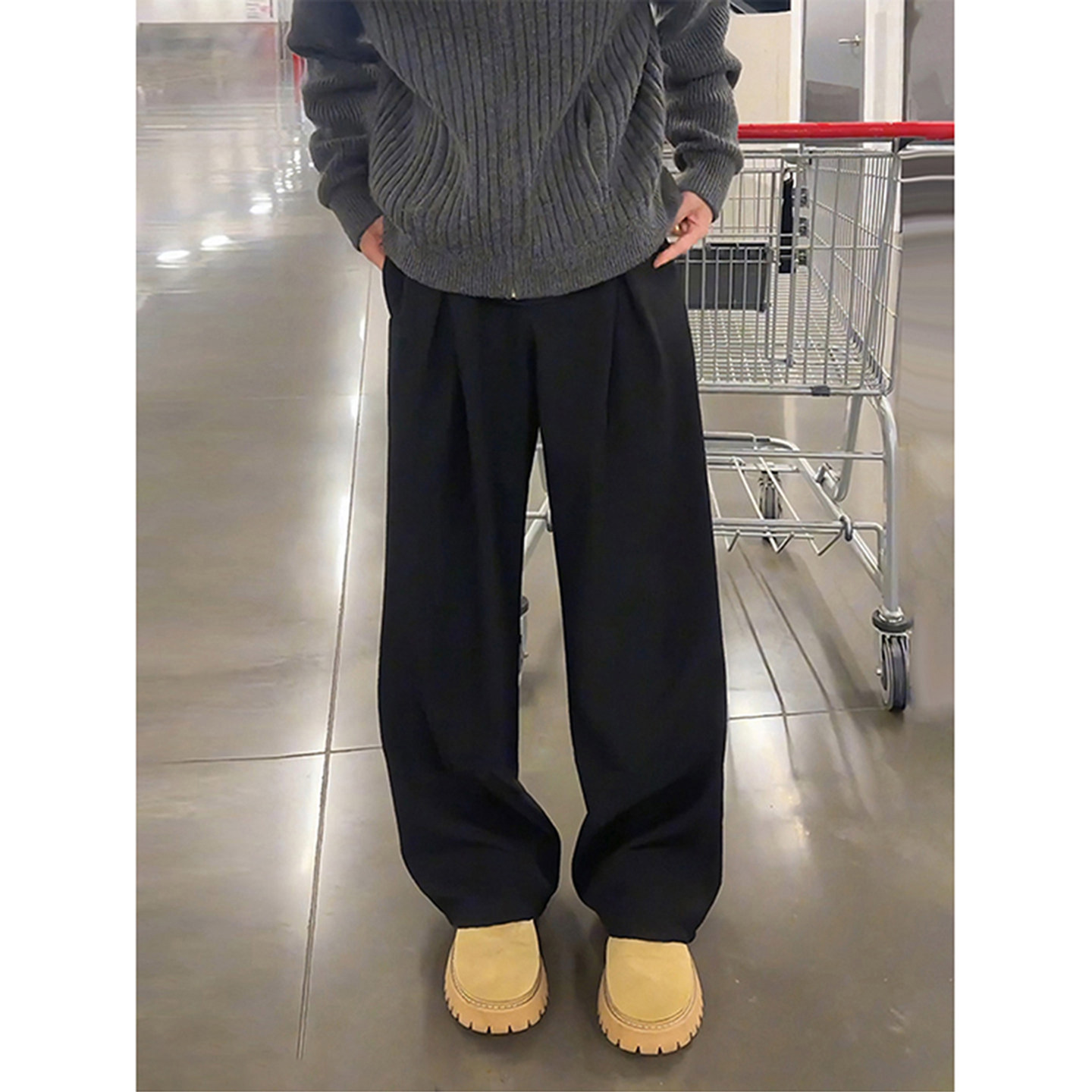 黑色双褶a字版型西裤男秋冬韩系穿搭慵懒风裤子垂感直筒加绒长裤,男装,西裤,淘宝优惠券,粉丝福利购,淘宝优惠卷