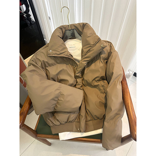 美拉德咖色pu皮羽绒棉衣男款冬季加厚保暖面包服美式短款立领棉服