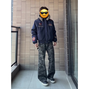 美式复古vibe迷彩牛仔裤男款痞帅显瘦微喇裤子宽松直筒伐木工装裤