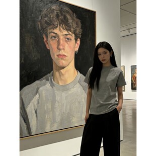 灰色螺纹拼接正肩t恤男款夏季美式小领口重磅短袖cleanfit五分袖