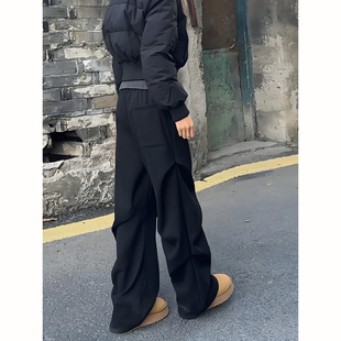 黑色微喇弯刀西裤男冬季美式高街直筒裤加厚加绒褶皱宽松休闲裤子