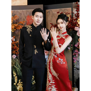 新中式国风男士西服套装新郎订婚宴礼服金叶珠片刺绣立领垫肩西装