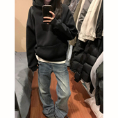 黑色短宽boxy卫衣男女款 痞帅内搭套头上衣 重磅硬挺连帽衫 秋季 美式
