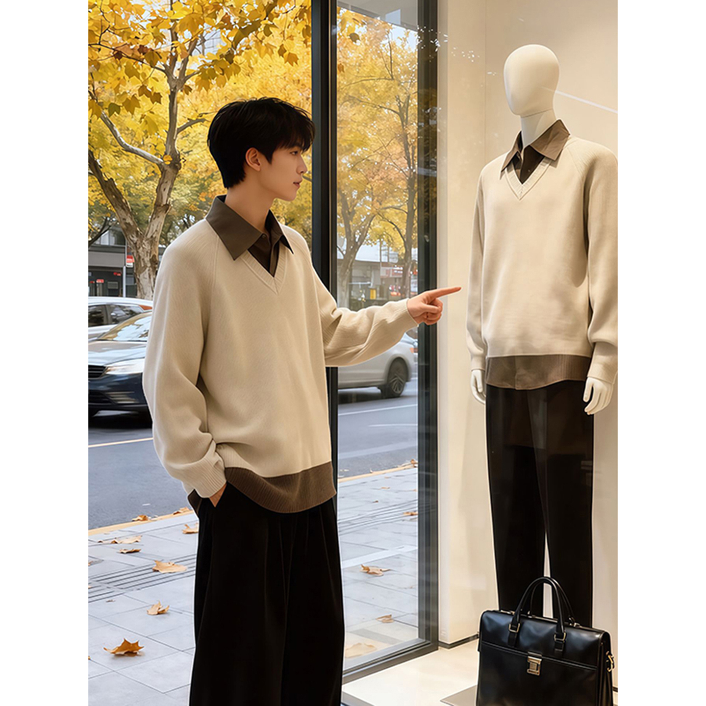 卡其色假两件v领毛衣男秋冬季polo翻领针织衫美式慵懒风情侣外套