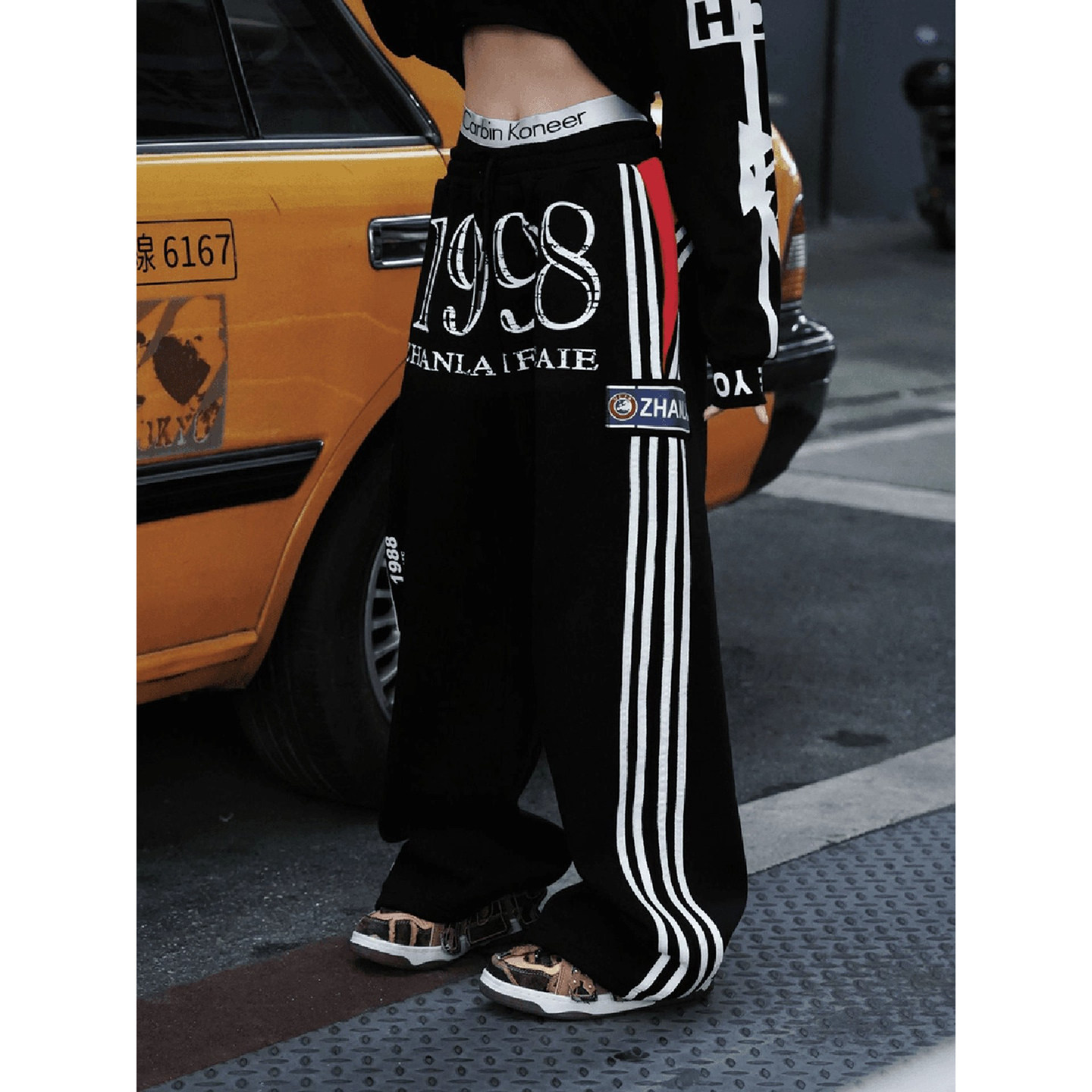 美式复古弯刀卫裤男女冬季小众设计感数字印花裤子阔腿条纹运动裤,男装,休闲裤,淘宝优惠券,粉丝福利购,淘宝优惠卷