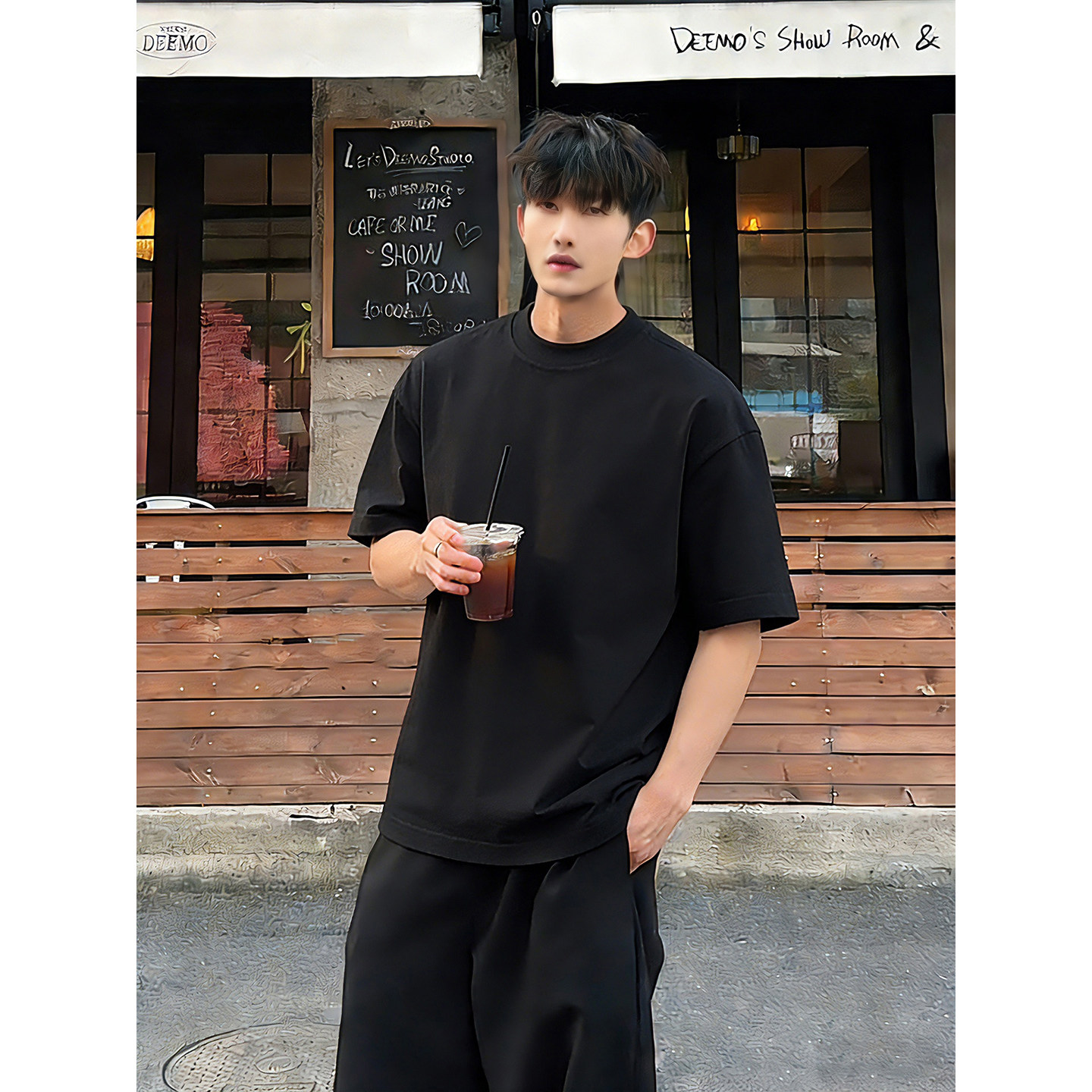 美式正肩小领口t恤男夏季穿搭新疆棉重磅短袖高级感内搭五分半袖