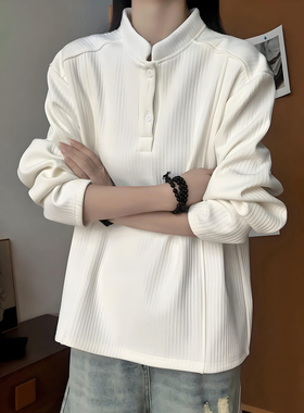 白色竖条纹正肩卫衣男秋冬美式亨利领长袖T恤加厚重磅内搭polo衫