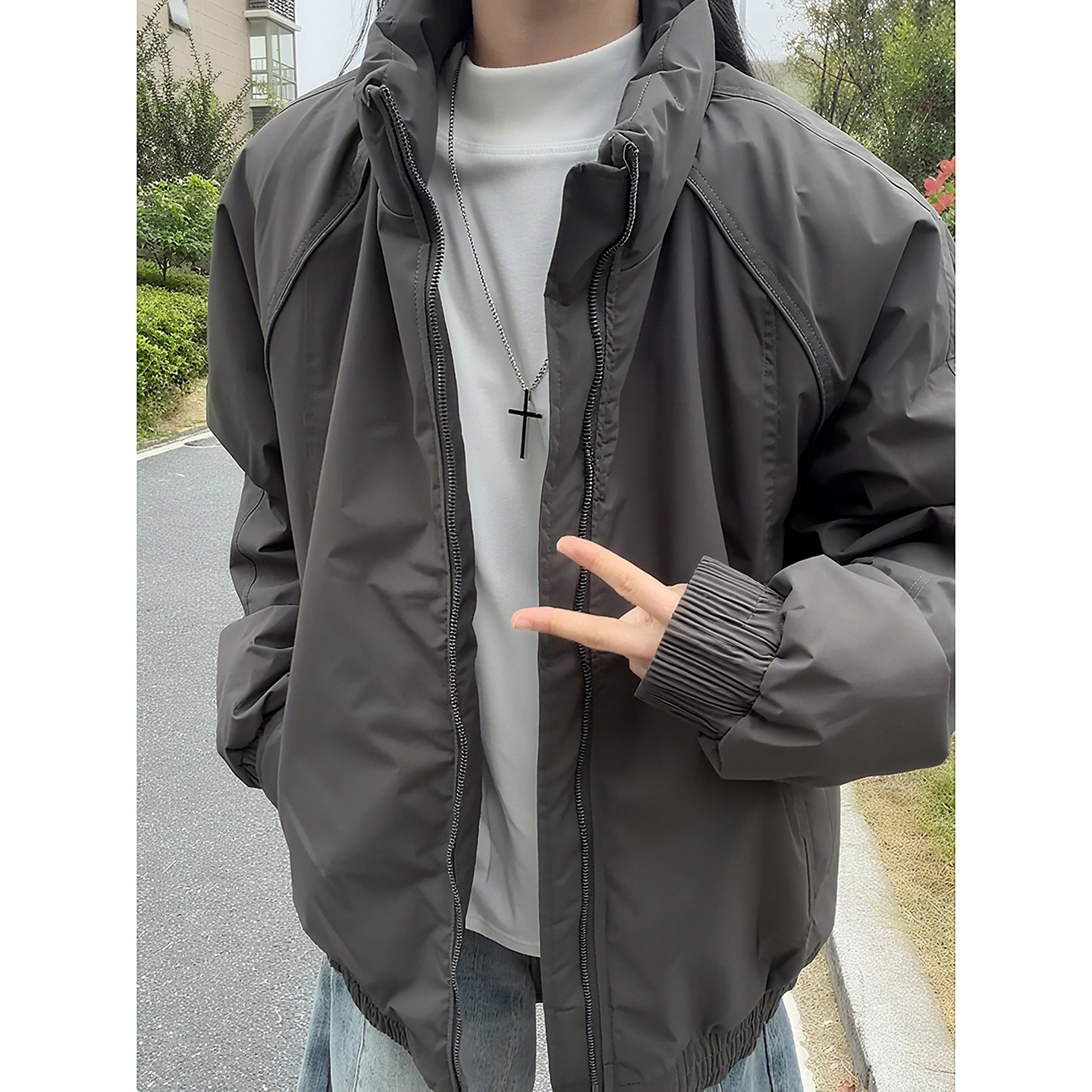 深灰色美式飞行夹克棉服男冬季三防廓形工装外套夹棉保暖立领棉衣