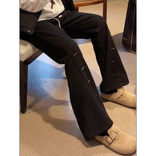 黑色刺绣弯刀卫裤男款秋冬季美式斜切微喇裤子cleanfit直筒休闲裤